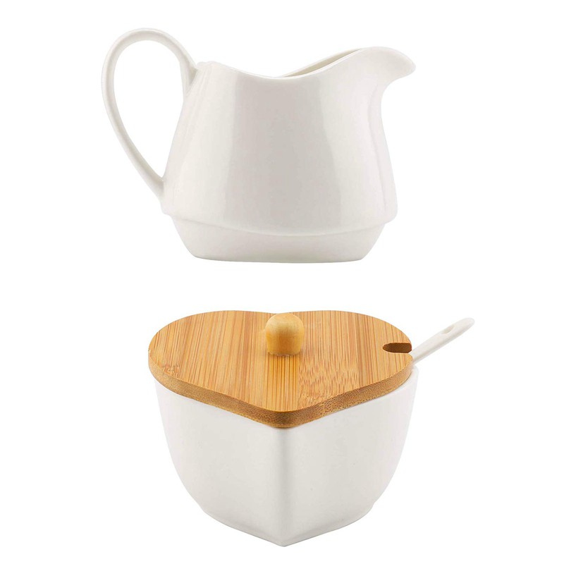 Sugar Bowl and Creamer Set with Lid  Spoon Ceramic Cream Jug and Sugar Bowl  with Wood Handle Coffee Serving Set Wu3E  Shopee Thailand