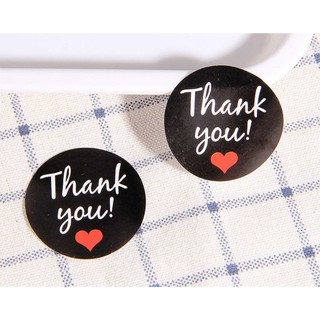 (60 ดวง) ป้ายสติกเกอร์(Sticker) "Thank you" พื้นดำหัวใจแดง