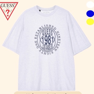 เสื้อยืดสีขาวGuess เสื้อยืดแขนสั้น ผ้าฝ้าย พิมพ์ลายกึ่งโอเวอร์ฟิต สไตล์เกาหลี สําหรับทุกเพศ