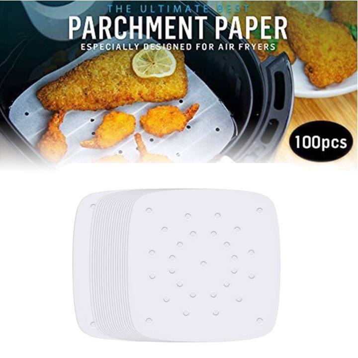 Air Fryer Parchment Paper Perforated ไม่ฟอกขาว Square Air Fryer Liners นึ่ง