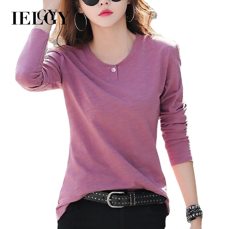 IELGY เสื้อยืดแขนยาวสไตล์เกาหลีผู้หญิงการเพาะปลูกด้วยตนเองที่เรียบง่ายภายใน