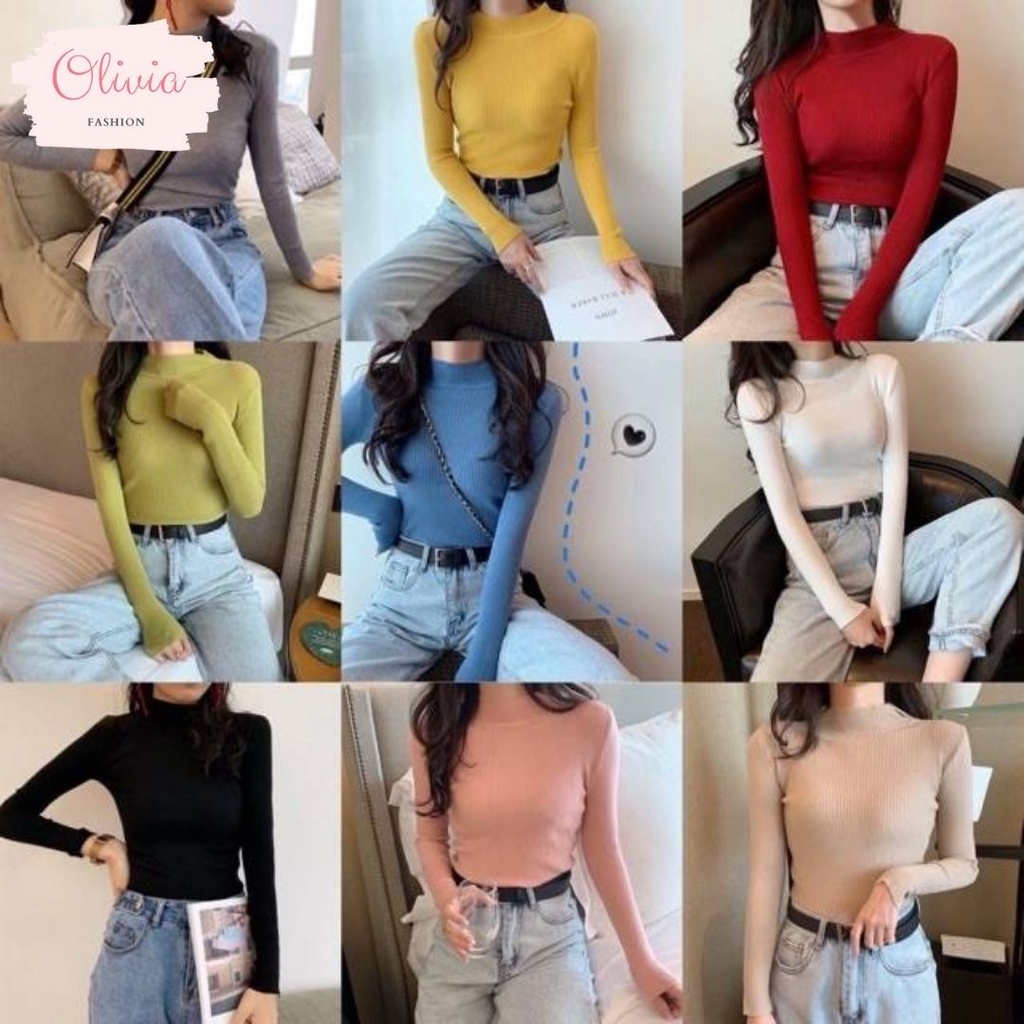 Olivia พร้อมส่ง 19 สี แฟชั่นสไตล์เกาหลีคอเต่า Free Size ผ้าฝ้ายไม่ระคายผิว (ทรงรัดรูป) #626