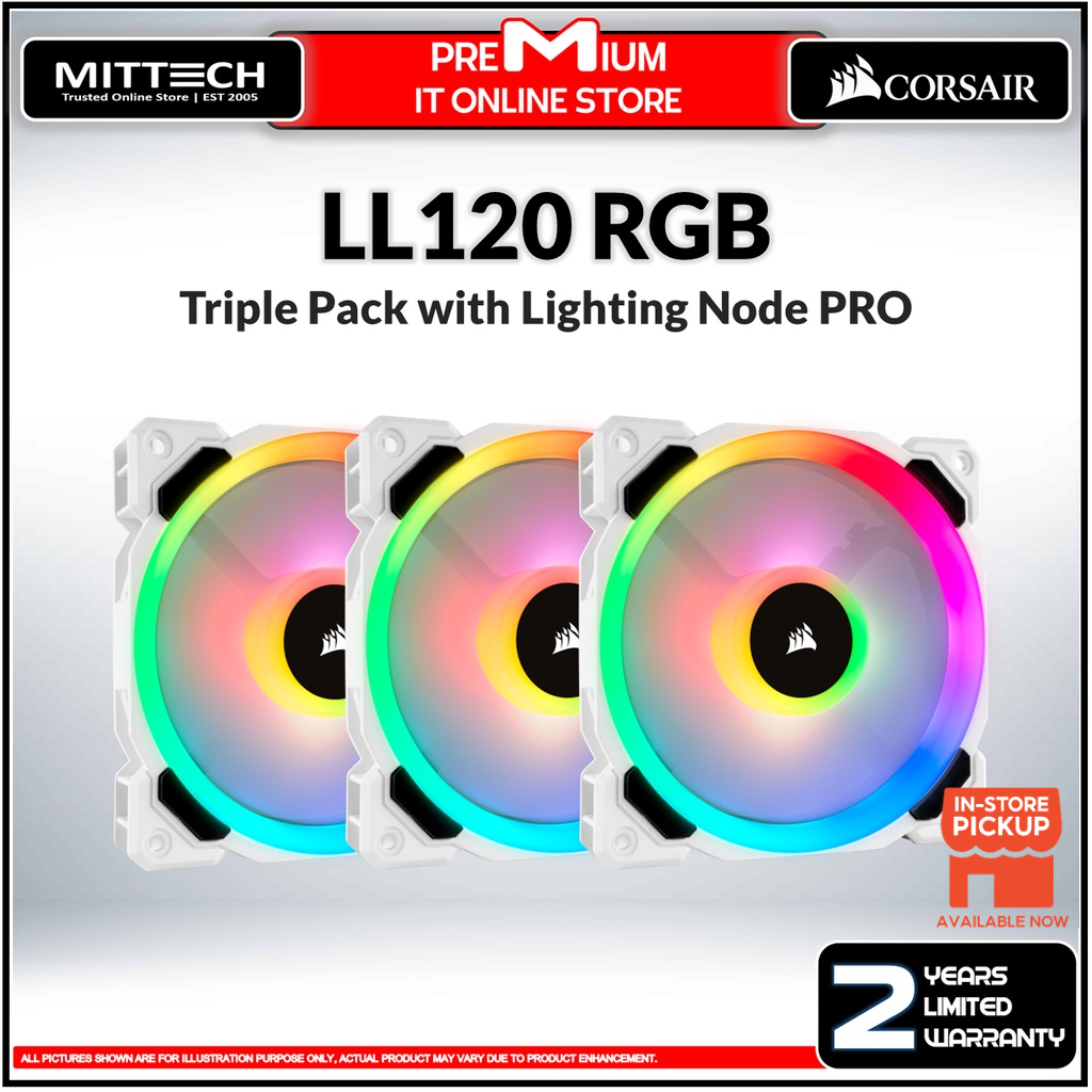 Corsair LL120 RGB 120 มม. Dual Light Loop สีขาว RGB LED PWM Fan  Triple Pack พร้อมแสง Node PRO