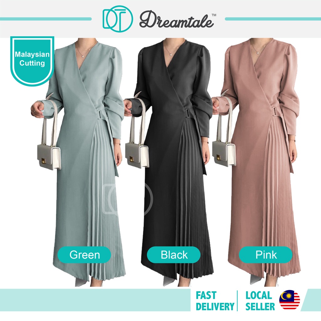 Dreamtale Raina Muslimah สวมใส่ชุด Muslimah V คอเข็มขัดจีบชุด Abaya ชุด Baju Wanita Melayu WCO107
