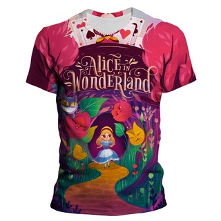 เสื้อยืดแขนสั้นลําลอง พิมพ์ลาย Alice in Wonderland 90s สีดํา สีขาว แฟชั่นสําหรับผู้ชาย และผู้หญิง