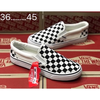 🚛 พร้อมส่ง 👟 รองเท้าผู้ใหญ่แบบสวม Vans Slip-on ตารางดำขาวขอบขาว sz.36-45