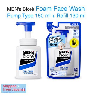 Mens Biore โฟมล้างหน้า สำหรับผู้ชาย แบบขวดปั๊ม 150 มล. + รีฟิล 130 มล.