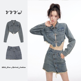 【เซต2ชิ้น】ชุดเซตสไตล์เกาหลี💕เสื้อยีนส์, เสื้อครอป+กระโปรง, สไตล์สาวฮอต,S-XL
