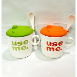 &lt;&lt;Clearance Sale&gt;&gt; แก้วกาแฟ แก้วชา กระเบื้อง พร้อมฝาปิดซิลิโคน และช้อนคน Porcelain Mug cup with Silicone Lid and Spoon