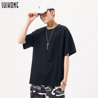 Suikone เสื้อยืดผ้าฝ้าย 100% แขนสั้น คอกลม สีพื้น ทรงหลวม ซับเหงื่อ ระบายอากาศ แฟชั่นฤดูร้อนสำหรับผู้ชายS-5XL