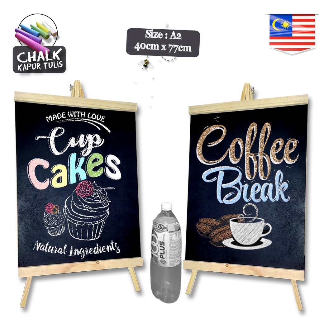 A2 (77 ซม.* 40 ซม.) เมนูโต๊ะใหญ่ ไม้ ChalkBoard กระดานดํา Papan Hitam Cafe (กรอบ : ไม้กลาง)