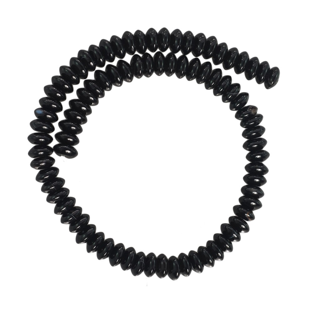 ลูกปัดหินแท้ ลักษณะเม็ดกลมแบนเจาะรูตรงกลาง (Donut Round) หินโมรา (Agate) 5x10 mm - (LZ-0365 สีดำ)
