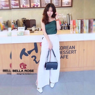 TW8522  Set 2 ชิ้น เสื้อสายเดี่ยวผ้าซาร่า + กางเกงขายาวผ่าด้านข้าง ลายทางงานสวยแบบคูลๆเลยคะ กางเกงงานผ้าลินิน