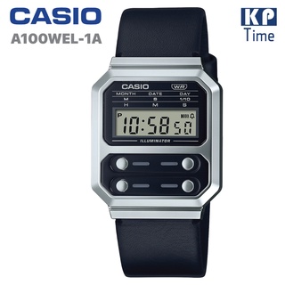 Casio นาฬิกาข้อมือผู้หญิง สายหนังแท้ รุ่น A100WEL-1A ของแท้ประกันศูนย์ CMG