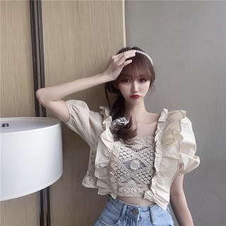 💚พร้อมส่ง💚AL-CF1019 เสื้อถักแฟชั่น เสื้อครอปลูกไม้ เสื้อลูกไม้ ครอปถัก แขนพอง น่ารักสไตล์แฟชั่นเกาหลี
