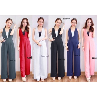 2639 Jumpsuit จั๊มสูทแขนกุด ขายาว แต่งอกวี สีทูโทน +สายผูกเอว