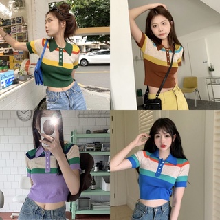 🥨เสื้อไหมพรม คอปกแขนสั้น สีสันสดใส น่ารัก เกาหลี แต่งกระดุมกระได้ 4สีพร้อมส่ง 🥨 #A21