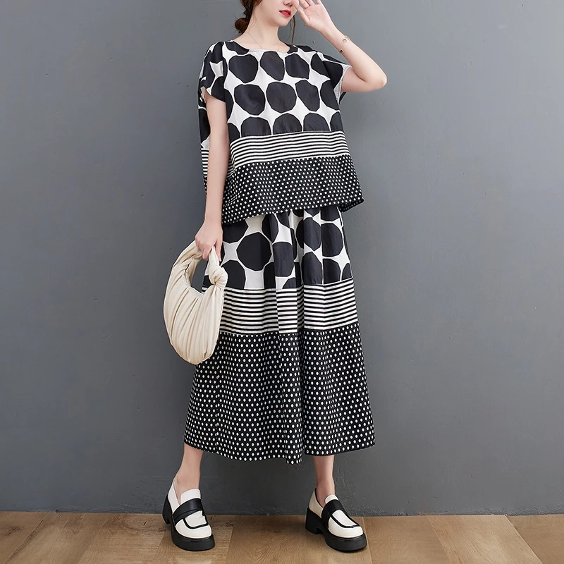 Oladivi Plus ขนาดผู้หญิงเสื้อผ้าแฟชั่น Polk Dot พิมพ์แขนสั้นลําลองหลวมเสื้อ + กระโปรงสองชิ้นชุดฤดูร้อนใหม่ขนาดใหญ่เสื้อด้านล่าง 3553 L XL XXL 3XL C051B thumbnail 3