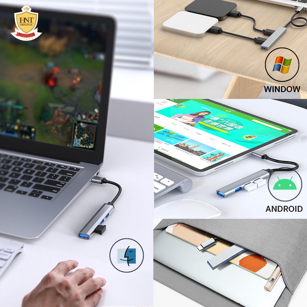 4 in 1 ฮับ USB Hub พอร์ต Type-C และ USB 3.0 แบบเลือก มี 4 ช่อง สําหรับโอนถ่ายข้อมูลแล็ปท็อป NoteBook, PC HNT 5701/9701