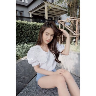 เสื้อสีขาว เสื้อคอบัว เสื้อใส่เที่ยว เสื้อแขนตุ๊กตา