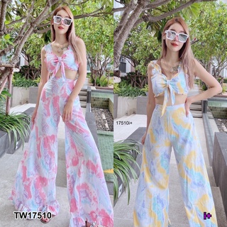 TW17510 Set 3 ชิ้น เสื้อครอปสายระบายสม็อคยางยืดหลัง + ผ้ามัดอก เก็บทรงชุด มาพร้อมกางเกงขายาว ทรงขาบาน เอวยม็อคหลัง