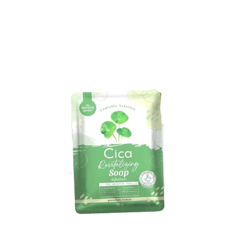 THE CHARMING GARGEN CICA REVITALIZING SOAP เดอะชาร์มมิ่ง การ์เด้น ซิก้า รีไวทัลไลซิ่ง โซป สบู่ใบบัวบกพักผิว ขนาด 50 กรัม