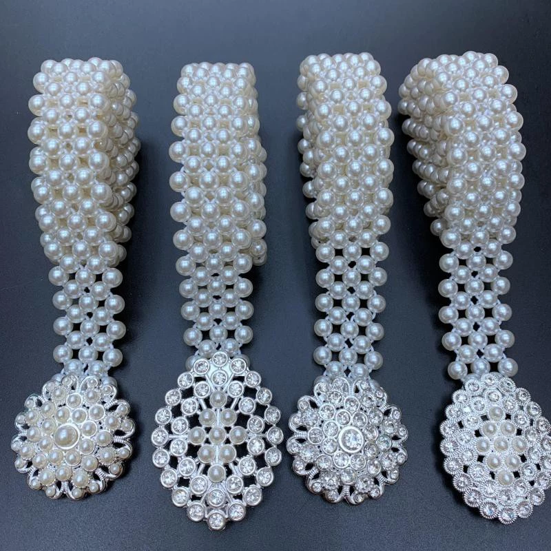 March jewelry ยางยืดรัดมุก 20-40 นิ้ว. ชุดเดรสแฟชั่นผู้หญิงคาดเข็มขัดมุกสีเงินเหมาะสำหรับงานเลี้ยงและงานแต่งงานมีหลายแบบ