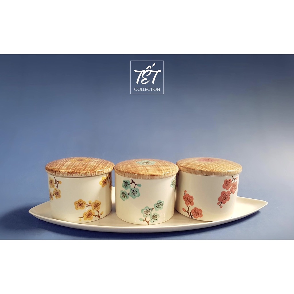 กล่องแยม Tet คุณภาพสูงทําจากเซรามิกดอกพีชวาดด้วยมือ D10 H8 cm