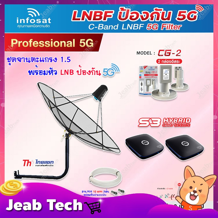 Thaisat C-Band 1.5M (ขางอยึดผนัง 50 cm.) + Infosat LNB C-Band 5G 2จุด รุ่น CG-2 + PSI S3 HYBRID 2 กล่อง+ สายRG6 10 x2