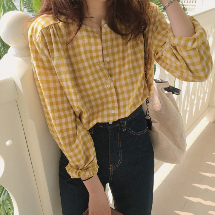 miss.th👉🔥เสื้อสีเหลืองทรงหลวมลายสก๊อต เสื้อเชิ้ตผู้หญิง เชิ้ตแฟชั่นเกาหลี เสื้อทำงาน