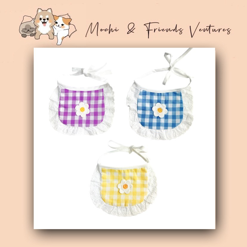 MNF อิน เกาหลีสัตว์เลี้ยงน้ําลายตาหมากรุกดอกไม้ลูกไม้ออกแบบสัตว์เลี้ยงเอี๊ยมคออุปกรณ์เสริมสุนัขแมวผ้