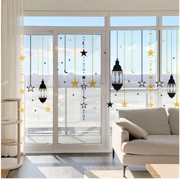 Ramadan Home Wall Sticker Eid Mubarak Decor Lantern Moon Pattern Kareem Islamic Window Stickers Musl