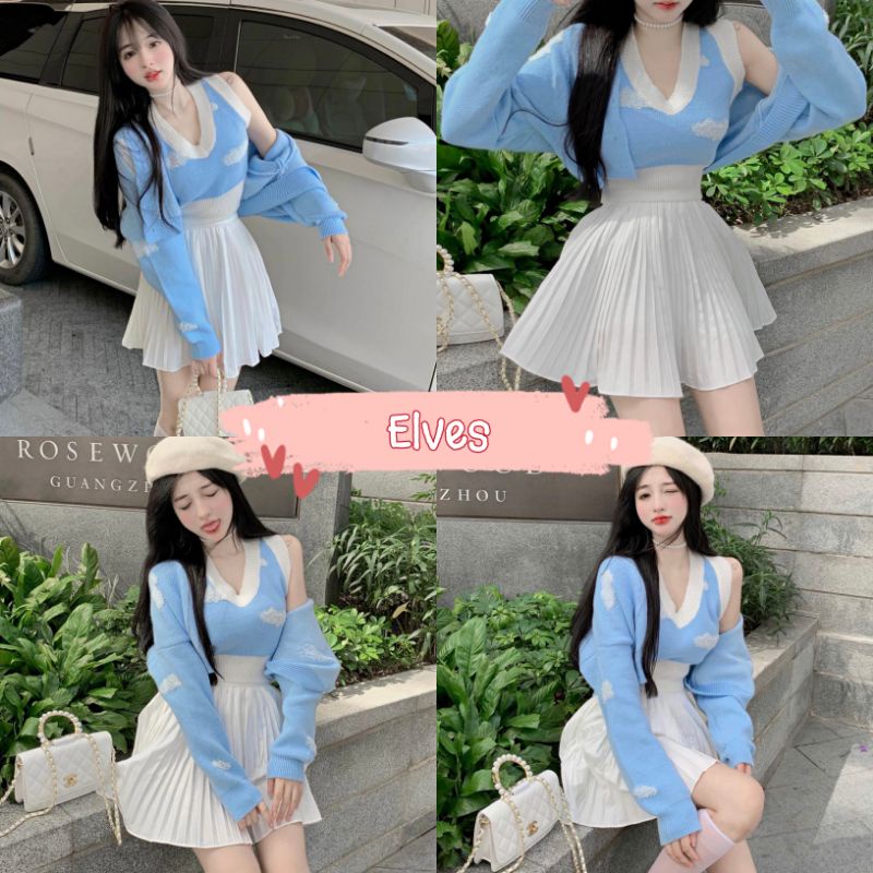 Elves พร้อมส่ง ชุดเซ็ท เสื้อกล้าม+เสื้อคลุมแขนยาวไหมพรม ลายก้อนเมฆสีพาสเทลน่ารักมาก ~ 10038+10038-1 ~