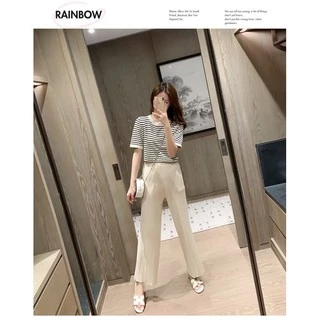 Cicishop(พร้อมส่ง)ชุดเซตไหมพรม เสื้อแขนสั้นลายทาง+กางเกงขายาว(3062)