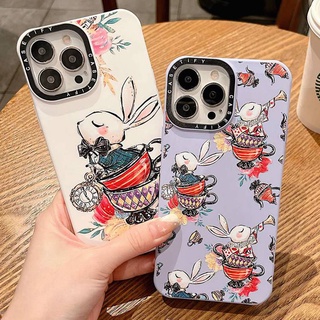 เคสโทรศัพท์มือถือ TPU นิ่ม กันรอยขีดข่วน ลายดอกไม้ กระต่ายน่ารัก กรอบสีดํา สําหรับ iPhone 14PM 11 13 Pro Max 12 Pro