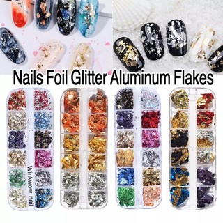 ‼️แผ่นเปลวแต่งเล็บ เปลวฝังลาย แผ่นเปลวติดเล็บแบบกล่อง Nails Glitter Aluminum Flakes