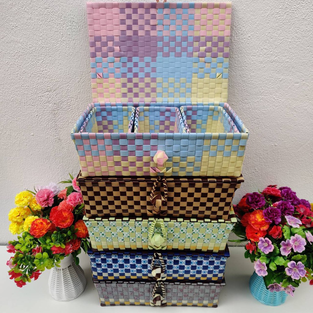 ตระกร้าจ่ายตลาด แม่ลูก 4ใบ 1 SET ใหญ่ มีฝาปิด พร้อมหูจับพอดีมือ ขนาดก้าง23ยาว33 สูง10 CM ขอบปาก