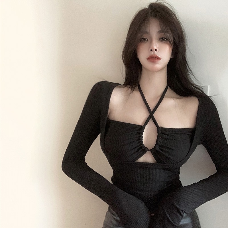 เสื้อยืดแขนยาว เซ็กซี่ สีพื้น สไตล์เกาหลี แฟชั่นสําหรับผู้หญิง