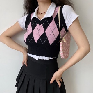 Fulllove เสื้อกล้ามไหมพรมถัก เสื้อกั๊กหญิง สไตล์ย้อนยุคเกาหลี Diamond plaid knitted vest