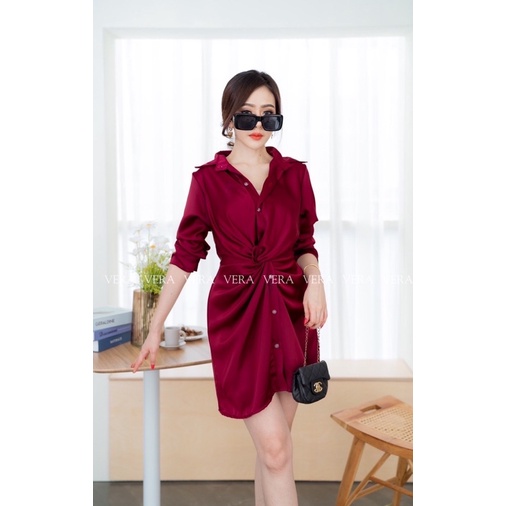 vera:เดรสเชิ้ตทวิสแขนยาวเนื้อผ้าซาตินโมนิก่าอย่างดีทรงสวย - รูปที่ 2