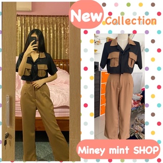 ‼️Big SALE❗️miniminey Crop Set ชุดเซตน่ารักมากๆ เสื้อครอปแขนสั้นกระดุมหน้าคอปก+กางเกงขายาว