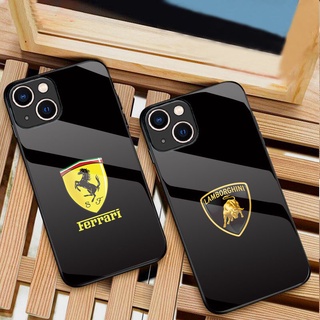 เคสโทรศัพท์มือถือ PC TPU แข็ง กระจกนิรภัย คาร์บอนไฟเบอร์ ลาย Lamborghi Ferrari สีดํา สําหรับ IPhone13 13pro 13pro Max 13min 12pro Max 12 Pro 11 11 Pro Max x XS XR 6 7 8 plus se2