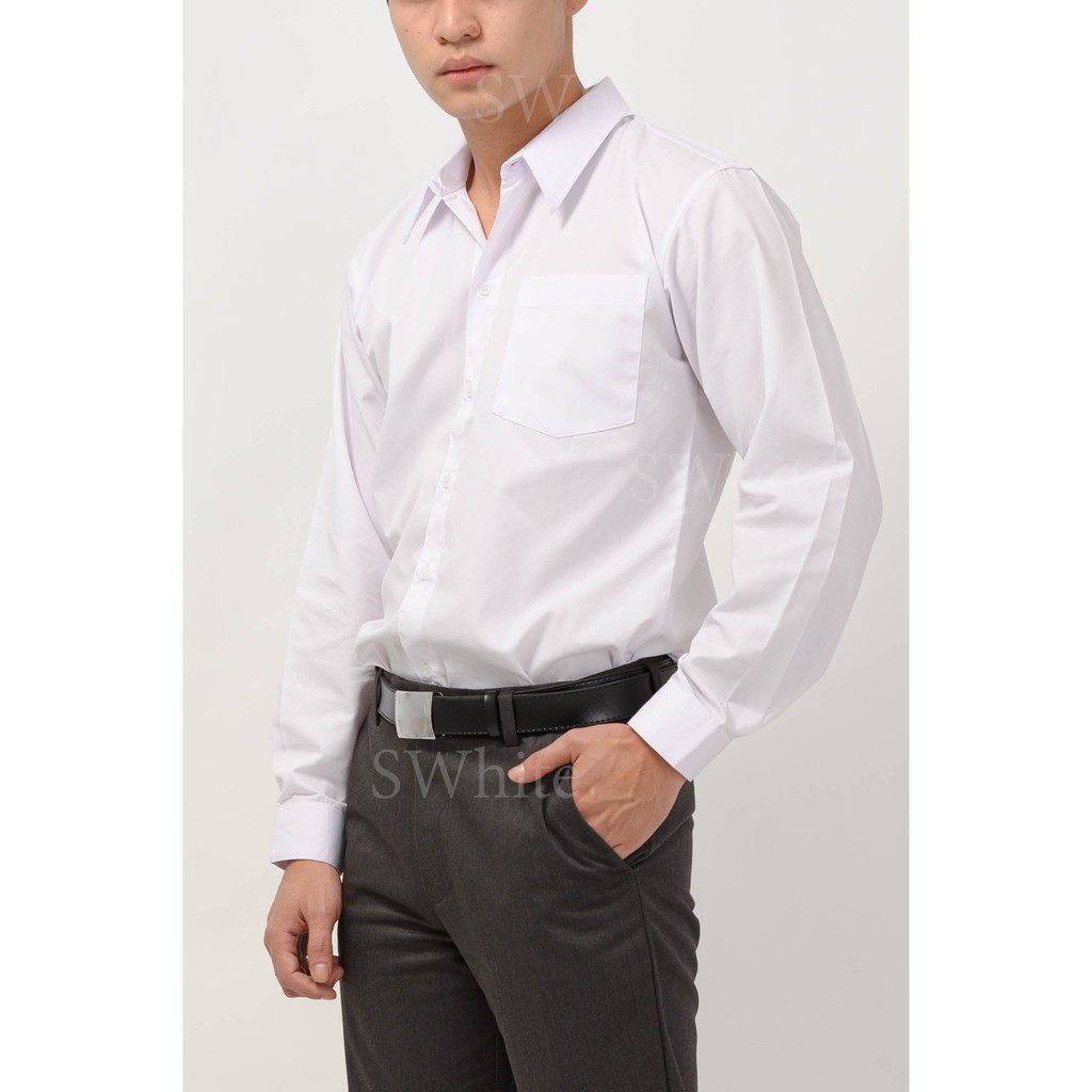 S-white [เสื้อนิสิต นักศึกษา เชิ้ต] แขนยาวกระเป๋าแปะ ถูกระเบียบ ทรงสลิม คุณภาพดี SW-ขยช
