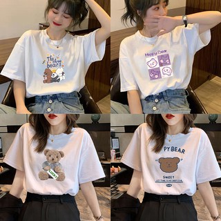 เสื้อยืดแขนสั้นพิมพ์ลายการ์ตูนน่ารักสำหรับผู้หญิงเสื้อเชิ้ตเสื้อผ้าแฟชั่นโอเวอร์ไซส์คอกลม