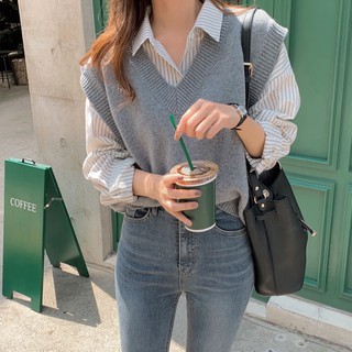 38053 เสื้อเชิ้ตแขนยาว ลายทาง / เสื้อกล้าม คอวี สีพื้น สําหรับผู้หญิง
