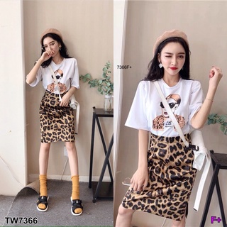 WST7366 Set 2 ชิ้น เสื้อยืดคอกลม แขนสั้น สกรีนการ์ตูนเนื้อผ้าคอตตอน+กระโปรงลายเสือ ทรงเอผ่าหลัง รอบเอวยืดสม