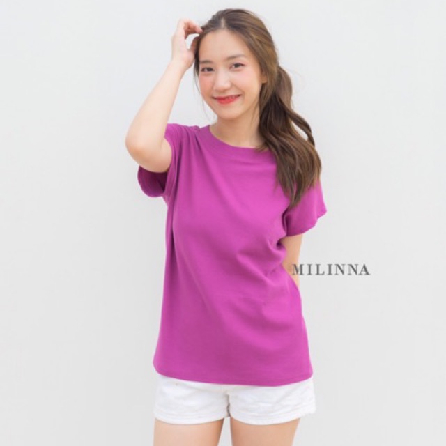 เสิ้อคอกลม แขนเต่อ สบายเนื้อผ้ายืดหยุ่น สีพื้น Brand : Milinna