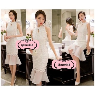 **เดรสพร้อมส่ง** Flower White Elegance Shoulder Dress