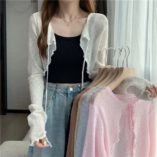 Vogue​🌟​พร้อมส่ง​🌟​เสื้อคลุมไหมพรมซีทรู ดีเทลปลายหยัก ผ้าบางใส่สบาย (Q605)​ -C