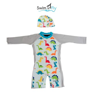 SwimFly ชุดว่ายน้ำรักษาอุณหภูมิ แบบแขนยาว+หมวกว่ายน้ำ รุ่น Spirit (Dinosaur, Boy)